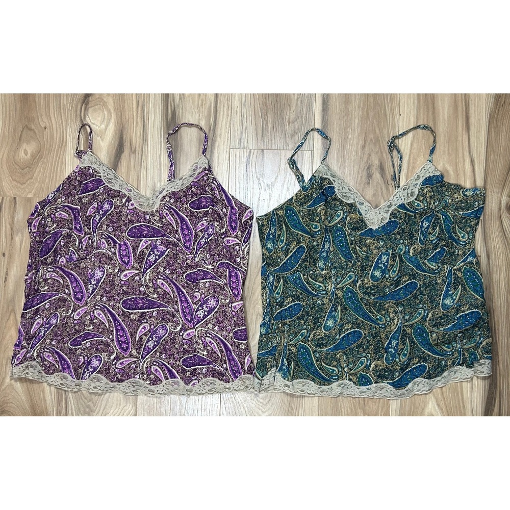 VTG Y2K Paisley Cami Babydoll Top SET/2 Women L Lace Trim Forest Fairy Coquette